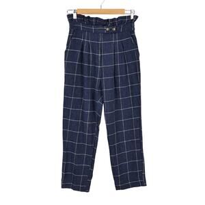 Topshop Windowpane Paper Bag High Rise Linen Blend Trouser Pant Navy Blue Size 6